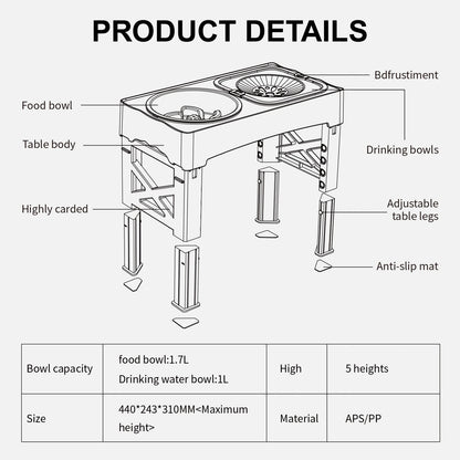 3 In 1 Pet Feeder Slow Feed Bowls Double Bowls Foldable With 5 Adjustable Height Suitable For Pets Of Different Heights