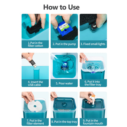 2L Cat Water Fountain 3 Water Modes Pet Fountain with LED Night Quiet Pump with 2 Cotton Filter for Cats and small Dogs